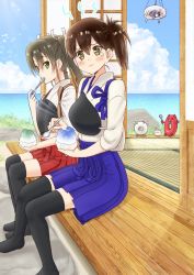 Rule 34 | 2girls, black legwear, blue hakama, blue skirt, blue sky, brain freeze, brown eyes, brown hair, cloud, commentary request, crying, crying with eyes open, day, enemy lifebuoy (kancolle), food, full body, green eyes, grey hair, hakama, hakama short skirt, hakama skirt, highres, horizon, japanese clothes, kaga (kancolle), kantai collection, kujira naoto, long hair, multiple girls, muneate, ocean, outdoors, pleated skirt, red hakama, red skirt, shaved ice, side ponytail, sitting, skirt, sky, spoon, tasuki, tears, thighhighs, twintails, veranda, wind chime, zuikaku (kancolle)