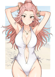 Rule 34 | 1girl, armpits, arms behind head, arms up, bare shoulders, blush, bracelet, breasts, brown eyes, cleavage, collarbone, earrings, forehead, hair intakes, hamakawa ayuna, heart, heart necklace, highleg, highleg swimsuit, highres, idolmaster, idolmaster cinderella girls, jewelry, large breasts, long hair, looking at viewer, navel, necklace, o-ring, one-piece swimsuit, parted bangs, pink hair, ponytail, swimsuit, thighs, tsurui, white one-piece swimsuit