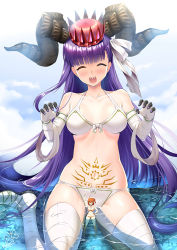 Rule 34 | :d, ^ ^, arm up, artist name, bandaged arm, bandaged leg, bandages, bare shoulders, bikini, blunt bangs, bow, bow bikini, breasts, breasts apart, butter-t, claw pose, closed eyes, cloud, collarbone, commentary, crown, day, english commentary, facing viewer, fate/grand order, fate (series), fujimaru ritsuka (female), fujimaru ritsuka (female) (brilliant summer), giant, giantess, hair ribbon, hands up, horns, kingprotea (fate), kingprotea (third ascension) (fate), long hair, medium breasts, navel, official alternate costume, open mouth, orange hair, outdoors, pubic tattoo, purple hair, ribbon, sharp teeth, short hair, side ponytail, sitting, size difference, smile, standing, stomach tattoo, swimsuit, tattoo, teeth, very long hair, water, white bikini, white ribbon