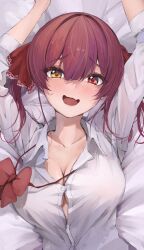 Rule 34 | 1girl, alternate costume, arms up, bed, blush, bow, bowtie, breasts, cleavage, highres, hololive, houshou marine, large breasts, long hair, nervous, open clothes, open mouth, open shirt, red eyes, red hair, samu (sam deg369), shirt, solo, virtual youtuber, white shirt, yellow eyes