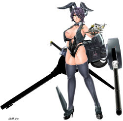 Rule 34 | abs, absurdres, aircraft, animal ears, black gloves, bow, bowtie, breasts, cleavage, commentary request, detached collar, eyepatch, fake animal ears, full body, gloves, headgear, helicopter, high heels, highres, kantai collection, large breasts, leotard, machinery, mi-24, open clothes, open vest, partially fingerless gloves, playboy bunny, purple hair, rabbit ears, saizu nitou gunsou, short hair, solo, sword, tenryuu (kancolle), thighhighs, thighs, turret, vest, weapon, white background, wrist cuffs, yellow eyes