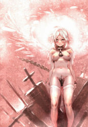 Rule 34 | 1girl, ahoge, angel wings, bdsm, blush, bow (bhp), breasts, chain, cleft of venus, collar, cross, feet out of frame, female pubic hair, grave, highres, long hair, nipples, nude, original, pubic hair, pussy, slave, smile, solo, tears, thighhighs, uncensored, white hair, white thighhighs, wings