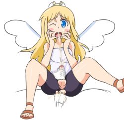 Rule 34 | 1boy, 1futa, anal, angel, bare arms, bare shoulders, bike shorts, blonde hair, blush, crimvael, cum, ejaculating while penetrated, ejaculation, futa with male, futanari, handjob, highres, ishuzoku reviewers, long hair, looking at viewer, newhalf, one eye closed, penis, ruw ruler, sex, shirt, shorts, simple background, spread legs, testicles, torn clothes, torn shorts, uncensored, white background, white shirt