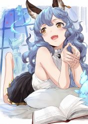 Rule 34 | 1girl, :d, animal ears, bare shoulders, beppo (granblue fantasy), blue hair, blush, book, brown eyes, curly hair, earrings, erune, fang, ferry (granblue fantasy), fugee (granblue fantasy), full body, ghost, granblue fantasy, hair between eyes, hews, highres, jewelry, long hair, looking back, lying, nicola (granblue fantasy), on stomach, open book, open mouth, own hands together, pleated skirt, shirt, single earring, skirt, sleeveless, sleeveless shirt, smile, solo, very long hair, white shirt, yellow eyes, aged down