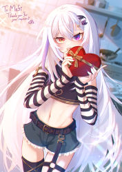 Rule 34 | 1boy, :d, belt, blurry, blurry background, box, commentary request, commission, crop top, cutoffs, day, detached sleeves, english text, hair between eyes, hair ornament, hairclip, heart-shaped box, heterochromia, highres, indie virtual youtuber, indoors, kitchen, long hair, long sleeves, looking at viewer, male focus, mefelis hex, midriff, nail polish, navel, o-ring, o-ring thigh strap, open mouth, orange eyes, purple eyes, purple nails, short shorts, shorts, single thighhigh, skeb commission, smile, solo, striped sleeves, thigh gap, thigh strap, thighhighs, trap, valentine, very long hair, virtual youtuber, yui (yuuuuuui)