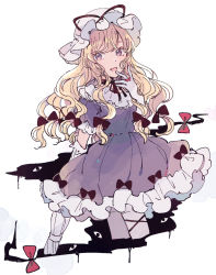 Rule 34 | 1girl, :d, blonde hair, bow, closed umbrella, commentary, cropped legs, cross-laced clothes, cross-laced legwear, dress, eyebrows hidden by hair, finger to mouth, frilled dress, frilled sleeves, frills, gap (touhou), gloves, hair bow, hand up, hat, hat ribbon, light blush, long hair, looking at viewer, mob cap, mozukuzu (manukedori), neck ribbon, open mouth, purple dress, purple eyes, red bow, red ribbon, ribbon, short sleeves, simple background, smile, solo, touhou, umbrella, wavy hair, white background, white gloves, white hat, yakumo yukari