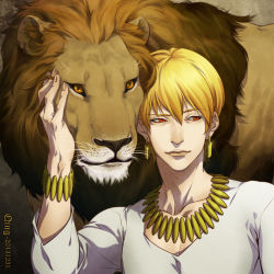 Rule 34 | 1boy, artist name, bifanghuanshi, blonde hair, bracelet, dated, earrings, fate/zero, fate (series), gilgamesh (fate), highres, jewelry, lion, lots of jewelry, male focus, necklace, official alternate costume, red eyes, solo