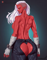 Rule 34 | 1girl, artist name, ass cutout, backless pants, bandaged hand, bandages, black panties, black pants, chaps, clothing cutout, colored skin, demon girl, facing away, hairstyle request, highres, horns, long hair, looking at viewer, looking back, monster girl, oni, oni horns, original, panties, pants, pashapencil, patreon logo, patreon username, pointy ears, red oni, red skin, simple background, single horn, solo, thong, topless, underwear, watermark, web address, white hair