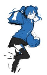 Rule 34 | 1girl, aaniko, black skirt, black thighhighs, blue eyes, blue hair, blue jacket, collared jacket, cropped legs, ene (kagerou project), facial mark, flat color, headphones, jacket, kagerou project, looking at viewer, mekakucity actors, miniskirt, one eye closed, open mouth, pleated skirt, popped collar, simple background, sketch, skirt, sleeves past fingers, sleeves past wrists, smile, solo, teeth, thighhighs, track jacket, twintails, upper teeth only, very long sleeves, white background, zipper