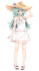 Rule 34 | 10s, 1girl, :d, bare shoulders, blue eyes, blush, dress, full body, green hair, hair between eyes, hair ornament, hairclip, hat, highres, kantai collection, long hair, looking at viewer, nahaki, open mouth, sandals, simple background, smile, solo, standing, straw hat, white background, white dress, yamakaze (kancolle)