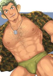 Rule 34 | 1boy, abs, bara, bare pectorals, beard, blush, briefs, bulge, camouflage, camouflage shirt, character request, chest hair, cowboy shot, dark skin, dark-skinned male, dog tags, dutch angle, facial hair, goatee, green hair, green male underwear, highres, large pectorals, looking at viewer, male focus, male underwear, mature male, muscular, muscular male, navel, navel hair, niichi (niichi21), nipples, open clothes, open shirt, panther boy, panther ears, panther tail, pectorals, shirt, short hair, smile, solo, stomach, stubble, thick thighs, thighs, tokyo houkago summoners, underwear