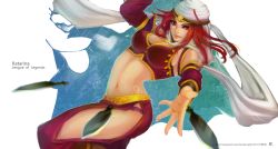 Rule 34 | 1girl, alternate costume, breasts, dagger, highres, katarina (league of legends), knife, lace, large breasts, league of legends, midriff, monzuki, navel, panties, red eyes, red hair, sandstorm katarina, scar, solo, thighs, underwear, watermark, weapon