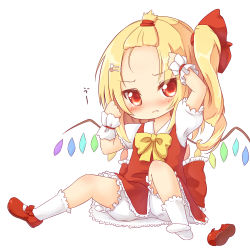 Rule 34 | 1girl, alternate hairstyle, blonde hair, blush, closed mouth, commentary request, fang, flandre scarlet, forehead, full body, kisa (k isa), mary janes, ponytail, red eyes, shoes, short hair, short sleeves, side ponytail, simple background, single shoe, socks, solo, touhou, wavy mouth, white background, white socks, wings, wrist cuffs
