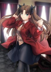 Rule 34 | 1girl, aqua eyes, black bow, blurry, blurry background, bow, brown hair, brown vest, chain, chain necklace, closed mouth, coat, collared shirt, fate/stay night, fate (series), floating hair, grey pantyhose, grey skirt, hair between eyes, hair bow, hair intakes, heart pendant, highres, holding, holding jewelry, holding necklace, homurahara academy school uniform, indoors, jewelry, long hair, long sleeves, looking at viewer, miniskirt, neck ribbon, necklace, open clothes, open coat, pantyhose, red coat, red ribbon, ribbon, school uniform, shirt, shoori (migiha), skirt, smile, solo, standing, tohsaka rin, twintails, very long hair, vest, white shirt, wing collar