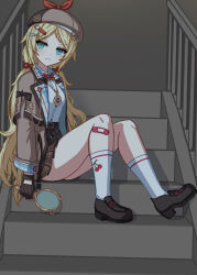 Rule 34 | &gt;:(, 1girl, absurdres, bandaid, bandaid on knee, bandaid on leg, black footwear, black gloves, black survival, blonde hair, blue eyes, bow, bowtie, brown jacket, brown skirt, closed mouth, collared shirt, eternal return: black survival, forehead, gloves, highres, holding, jacket, light frown, loafers, long hair, long sleeves, magnifying glass, nicky blake, on stairs, open clothes, open jacket, parted bangs, plaid, plaid skirt, pleated skirt, railing, red bow, red bowtie, shirt, shoes, sitting, skirt, socks, solo, stratosphere (coom1017), v-shaped eyebrows, very long hair, white shirt, white socks