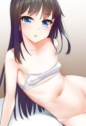 Rule 34 | 10s, 1girl, asashio (kancolle), bad id, bad twitter id, black hair, blue eyes, bottomless, breasts, camisole, covered erect nipples, crop top, gradient background, kantai collection, kanzaki muyu, long hair, looking at viewer, navel, out-of-frame censoring, parted lips, simple background, small breasts, solo
