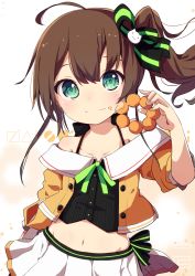 Rule 34 | 1girl, ahoge, bare shoulders, black shirt, blush, bow, brown hair, closed mouth, collarbone, commentary request, doughnut, dress shirt, eating, fingernails, food, food on face, green eyes, hair between eyes, hair bow, head tilt, highres, holding, holding food, hololive, jacket, long hair, looking at viewer, midriff, natsuiro matsuri, natsuiro matsuri (1st costume), navel, off shoulder, okota mikan, open clothes, open jacket, orange jacket, pinstripe pattern, pleated skirt, shirt, side ponytail, skirt, smile, solo, striped bow, striped clothes, striped shirt, vertical-striped clothes, vertical-striped shirt, virtual youtuber, white background, white skirt