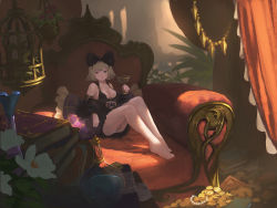 Rule 34 | 1girl, arm rest, bare legs, bare shoulders, barefoot, birdcage, black bow, black dress, blonde hair, book, book stack, bow, breasts, cage, chalice, cleavage, commentary request, cup, curtains, cushion, day, doora (dora0913), dress, fantasy, feet on chair, flower, gold, hair bow, hairband, legs together, medium breasts, original, panties, pantyshot, plant, potted plant, short hair, sitting, solo, underwear, vial, white panties