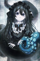 Rule 34 | 1girl, absurdres, black bow, black bowtie, black dress, black eyes, black hair, blue brooch, blue tongue, border, bow, bowtie, capelet, colored tongue, commentary request, cowboy shot, dress, frilled hairband, frilled shirt collar, frills, gothic lolita, grey background, hairband, hand on tentacle, happa de happy, highres, horns, indie virtual youtuber, juliet sleeves, lolita fashion, long hair, long sleeves, official alternate costume, pale skin, parted lips, puffy sleeves, ringed eyes, solo, stitched neck, stitches, tentacles, two side up, virtual youtuber, white capelet, yamata ia
