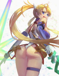 Rule 34 | 1girl, absurdres, armor, ass, back, bare shoulders, blonde hair, blue eyes, blue gloves, blue leotard, blush, bradamante (fate), bradamante (first ascension) (fate), braid, breasts, crown braid, elbow gloves, energy barrier, energy shield, fate/grand order, fate (series), faulds, gloves, highleg, highleg leotard, highres, keka (user sgch4854), large breasts, leotard, long hair, looking at viewer, looking back, open mouth, scepter, smile, solo, thigh strap, thighs, twintails, two-tone gloves, two-tone leotard, very long hair, white background, white gloves, white leotard