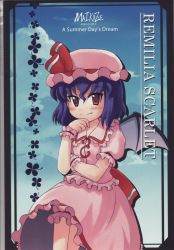 Rule 34 | 1girl, ascot, bat wings, blush, brooch, color halftone, cowboy shot, female focus, frills, gem, hat, jewelry, looking at viewer, mob cap, puffy short sleeves, puffy sleeves, red eyes, remilia scarlet, short sleeves, solo, standing, tokine (maikaze), touhou, touhou musou kakyou, wings