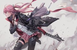 Rule 34 | 1girl, 791 (meiyuewudi), ar-15, armor, assault rifle, bag, black thighhighs, blue eyes, breasts, character name, choker, closed mouth, collarbone, dress, floating hair, from side, gas mask, girls&#039; frontline, gloves, grey background, gun, hair ornament, half-closed eyes, highres, holding, holding gun, holding weapon, jacket, jacket tug, light smile, long hair, looking afar, mask, mid-stride, mod3 (girls&#039; frontline), multicolored hair, open bag, pink gloves, pink hair, ponytail, rifle, running, scarf, scope, sidelocks, simple background, single thighhigh, small breasts, solo, st ar-15 (girls&#039; frontline), st ar-15 (mod3) (girls&#039; frontline), strap, streaked hair, thigh strap, thighhighs, trigger discipline, weapon, weapon on back, wind, wind lift