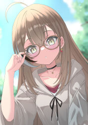 Rule 34 | 1girl, :o, absurdres, adjusting eyewear, ahoge, bespectacled, black hair, blue sky, blurry, blurry background, blush, brown-framed eyewear, brown hair, brown hoodie, cherry earrings, choker, commentary, earrings, english commentary, food-themed earrings, food themed earrings, from below, glasses, highres, hololive, hololive english, hood, hoodie, jewelry, long hair, looking at viewer, looking down, multicolored hair, nanashi mumei, nanashi mumei (casual), outdoors, paradox (hatto air), parted lips, red shirt, shirt, sidelocks, sky, solo, streaked hair, tree, upper body, virtual youtuber, white hair, white shirt, yellow eyes