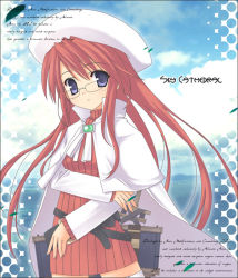Rule 34 | 1girl, aty, aty (summon night), belt, beret, blue eyes, cape, chuujou kagetsu, glasses, hat, long hair, looking at viewer, red hair, solo, striped, summon night, summon night 3, thighhighs, turtleneck