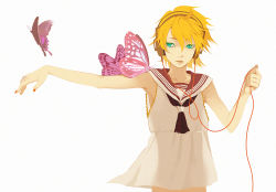 Rule 34 | 1boy, bad id, bad pixiv id, blonde hair, bug, butterfly, green eyes, headphones, ho (pixiv655034), insect, kagamine len, male focus, migikata no chou (vocaloid), simple background, solo, vocaloid, white background