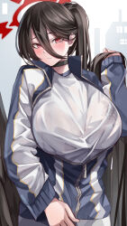 Rule 34 | 1girl, absurdres, black choker, black hair, blue archive, blush, breasts, choker, hair between eyes, halo, hasumi (blue archive), hasumi (track) (blue archive), highres, huge breasts, jacket, looking at viewer, mahoro (minase mahoro), mole, mole under eye, official alternate costume, partially unzipped, ponytail, red eyes, solo, track jacket, upper body