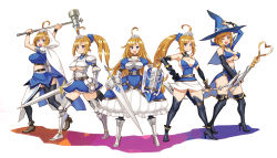 Rule 34 | 5girls, ahoge, ankle boots, armor, armored boots, arms up, arrow (projectile), asymmetrical clothes, black footwear, black legwear, blonde hair, blue eyes, boots, bow, breastplate, breasts, bridal gauntlets, cape, capelet, cleavage, clone, covered erect nipples, fingerless gloves, full body, gauntlets, gloves, grey footwear, hammer, hat, high heel boots, high heels, hood, large breasts, legs apart, long hair, long sleeves, looking at viewer, armored boots, multiple girls, navel, o-ring, o-ring top, one eye closed, open mouth, pauldrons, ponytail, puffy sleeves, quiver, ryoji (nomura ryouji), shield, shoulder armor, simple background, skirt, smile, staff, standing, sword, thigh boots, thighhighs, underboob, weapon, white background, wide stance, witch hat, wristband, zettai ryouiki