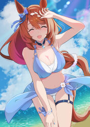 Rule 34 | 1girl, animal ears, arm up, armpits, beach, bikini, blue bikini, blue bow, blue nails, blue sky, bow, bracelet, breasts, brown hair, cleavage, closed eyes, cloud, cloudy sky, collarbone, commentary request, cowboy shot, ear bow, hair between eyes, hand on own thigh, highres, horse ears, horse girl, horse tail, jewelry, large breasts, long hair, multicolored hair, nail polish, navel, necklace, ocean, open mouth, sand, shiromaru illust, sky, smile, solo, streaked hair, super creek (umamusume), swimsuit, tail, thigh gap, thigh strap, umamusume, very long hair, water, white bikini, white hair
