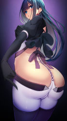 Rule 34 | 1girl, alice gear aegis, ass, black gloves, black hair, black thighhighs, bodysuit, bow, breasts, colored inner hair, comic lo, cross-laced clothes, elbow gloves, from behind, gloves, grey hair, hair between eyes, highres, kagome misaki, long hair, looking at viewer, mole, mole under eye, multicolored hair, puffy short sleeves, puffy sleeves, purple eyes, revealing clothes, ribbon-trimmed clothes, ribbon trim, see-through, short sleeves, solo, tatapopo, thighhighs, thighs