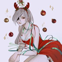 Rule 34 | 1girl, chainsaw man, christmas ornaments, dress, eyepatch, fake antlers, fur-trimmed dress, fur trim, grey hair, hairband, highres, long hair, looking at viewer, mistletoe, ponytail, quanxi (chainsaw man), red dress, ribbon, simple background, solo, sudstance, white background