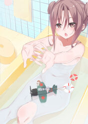 Rule 34 | 1girl, :o, absurdres, alternate hairstyle, bare shoulders, bathing, bathtub, blush, breasts, brown eyes, brown hair, convenient censoring, double bun, fairy (kancolle), feet out of frame, from above, hair bun, highres, kantai collection, long hair, looking at viewer, looking up, natsuki (gedo), small breasts, toy airplane, zuihou (kancolle)