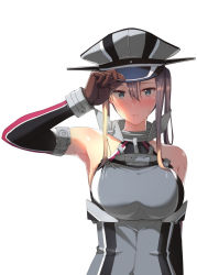 Rule 34 | 1girl, adjusting clothes, adjusting headwear, anchor, bare shoulders, bismarck (kancolle), bismarck (kancolle) (cosplay), blonde hair, blue eyes, blush, breasts, brown gloves, cosplay, detached sleeves, eight tohyama, gloves, graf zeppelin (kancolle), hair between eyes, hat, kantai collection, large breasts, long hair, looking at viewer, peaked cap, simple background, solo, twintails, upper body, white background