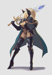 Rule 34 | 1girl, absurdres, armor, armored boots, black thighhighs, blonde hair, blue cape, boots, breasts, cape, cleavage, commentary request, contrapposto, full body, garter straps, gauntlets, greatsword, greaves, grey background, hair over one eye, hand on own hip, hand up, high heel boots, high heels, high ponytail, highres, holding, holding sword, holding weapon, joker.z, large breasts, legs apart, long hair, looking at viewer, navel, original, over shoulder, revealing clothes, shoulder armor, solo, standing, stomach, sword, sword over shoulder, thigh boots, thighhighs, weapon, weapon over shoulder