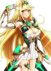 Rule 34 | 1girl, armpits, bare shoulders, blonde hair, breasts, chest jewel, circlet, cleavage, cleavage cutout, closed mouth, clothing cutout, dress, earrings, elbow gloves, gloves, glowing, highres, jewelry, large breasts, long hair, mythra (xenoblade), smile, solo, swept bangs, to (tototo tk), white dress, white gloves, xenoblade chronicles (series), xenoblade chronicles 2, yellow eyes