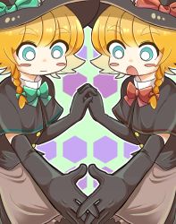 Rule 34 | 2girls, blonde hair, blue eyes, blush stickers, bow, braid, capelet, commentary, cookie (touhou), elbow gloves, gloves, hat, holding hands, kirisame marisa, lab=01☆, meguru (cookie), multiple girls, nicoseiga26226062, open mouth, touhou, witch hat