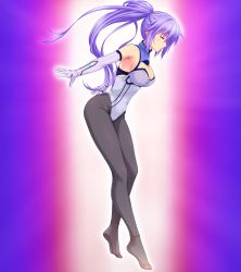 Rule 34 | 1girl, armpits, black pantyhose, breasts, cleavage, closed eyes, feet, gloves, highres, long hair, outstretched arms, pantyhose, ponytail, purple hair, solo, spread arms, toes