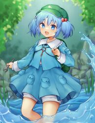 Rule 34 | 1girl, :d, bloomers, blue eyes, blue hair, blue shirt, blue skirt, commentary, flat cap, green hat, hair bobbles, hair ornament, hat, highres, holding, holding wrench, kawashiro nitori, key, long sleeves, open mouth, outdoors, pocket, shirt, skirt, smile, solo, touhou, two side up, underwear, utsuro114514, wading, water, wrench
