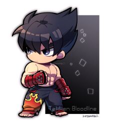 Rule 34 | 1boy, abs, black eyes, black pants, clenched hand, closed mouth, copyright name, fingerless gloves, flame print, full body, gloves, kazama jin, kotorai, looking to the side, male focus, navel, pants, pectorals, red gloves, short hair, solo, standing, studded gloves, tekken, topless male