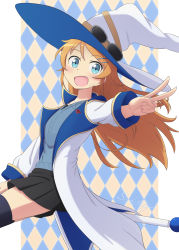 Rule 34 | 1girl, :d, absurdres, black skirt, black thighhighs, blue eyes, coat, commentary, english commentary, eyewear on headwear, fang, floating hair, grey vest, hair ornament, hairclip, hat, highres, jewelry, kousaka kirino, long hair, necklace, open clothes, open coat, open mouth, orange hair, ore no imouto ga konna ni kawaii wake ga nai, outstretched arm, pleated skirt, scarletsky, signature, sitting, skirt, smile, solo, sunglasses, thighhighs, tongue, uniform, v, vest, white coat, white hat, witch, witch hat