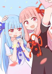 Rule 34 | 2girls, :d, arms up, blunt bangs, blush, blush stickers, buttons, cellphone, clenched hands, dress, falling petals, flower knot, hair ornament, hand on another&#039;s head, hands up, highres, himajin narou, holding, holding phone, kotonoha akane, kotonoha aoi, long hair, looking up, low-tied long hair, multiple girls, nose blush, open mouth, petals, phone, pink eyes, pink hair, rope, selfie, short sleeves, siblings, sisters, smartphone, smile, voiceroid