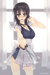 Rule 34 | 1girl, :d, apron, black hair, blush, breasts, brown eyes, brown hair, btoor, choker, collarbone, contrapposto, curtsey, hair ornament, hairclip, indoors, jewelry, open mouth, pendant, puffy short sleeves, puffy sleeves, ribbon, scissors, short hair, short sleeves, smile, solo, standing, sunlight, underbust, waist apron, white ribbon, window