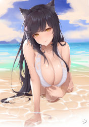 Rule 34 | 1girl, absurdres, all fours, animal ear fluff, animal ears, atago (azur lane), atago (summer march) (azur lane), atago (summer march) (azur lane), azur lane, bare arms, bare shoulders, barefoot, beach, bikini, black hair, blush, breasts, cleavage, closed mouth, cloud, cloudy sky, collarbone, day, flower, full body, hair flower, hair ornament, hanging breasts, highres, horizon, large breasts, long hair, looking at viewer, ocean, outdoors, sky, smile, swept bangs, swimsuit, very long hair, water, wei xiao, white bikini, yellow eyes