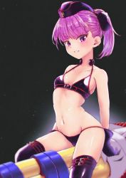 Rule 34 | 1girl, absurdres, alternate costume, bare shoulders, bikini, black background, blush, bow, breasts, collarbone, commentary request, fate/grand order, fate (series), garrison cap, gloves, hair bow, hat, helena blavatsky (fate), helena blavatsky (swimsuit archer) (fate), helena blavatsky (swimsuit archer) (third ascension) (fate), highres, karu (ricardo 2628), looking at viewer, navel, parted lips, ponytail, purple bikini, purple eyes, purple gloves, purple hair, shiny clothes, shiny skin, simple background, sitting, small breasts, smile, solo, stomach, swimsuit, thighhighs