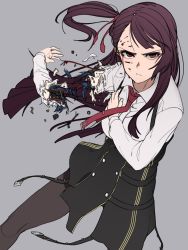 Rule 34 | 1girl, absurdres, amputee, bad id, bad twitter id, belt, black pantyhose, blood, blood on face, closed mouth, commentary, cyborg, facing viewer, frown, girls&#039; frontline, grey background, hair ribbon, hand on own chest, highres, injury, long hair, long sleeves, looking at viewer, mechanical arms, mechanical parts, metro (jbcman0198), necktie, pantyhose, purple hair, red eyes, red necktie, red ribbon, ribbon, shirt, simple background, single mechanical arm, skirt, solo, standing, wa2000 (girls&#039; frontline), white shirt