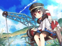 Rule 34 | 1girl, anchor symbol, blue sky, blush, bob cut, brown hair, brown hat, cattail, character name, closed mouth, cloud, cloudy sky, coat, cowboy shot, crane (machine), day, dutch angle, eyebrows, fur trim, glowworm (warship girls r), hat, hill, lens flare, lifebuoy, long sleeves, machinery, mouth hold, official art, outdoors, peaked cap, pier, plant, red eyes, rope, saru, short hair, sitting, sky, smile, smokestack, solo, stalk in mouth, straw (stalk), sukhbaatar (warship girls r), swim ring, warship girls r, water, white coat