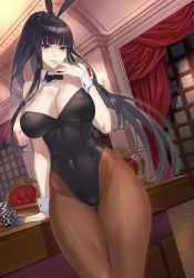 Rule 34 | 10s, 1girl, animal ears, bare shoulders, black hair, blunt bangs, blush, bow, bowtie, breasts, brown pantyhose, chair, cleavage, covered erect nipples, covered navel, curtains, damegane, detached collar, detached sleeves, dutch angle, fake animal ears, finger to mouth, highres, indoors, large breasts, leotard, lidia (damegane), linea alba, long hair, looking at viewer, navel, original, pantyhose, parted lips, playboy bunny, poker chip, ponytail, rabbit ears, red eyes, smile, solo, table, thigh gap, very long hair, wrist cuffs